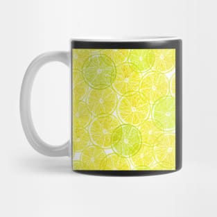 Lemon lime transparent slice print. Vibrant summer watercolor pencil illustration. Translucent yellow citrus fruits Mug